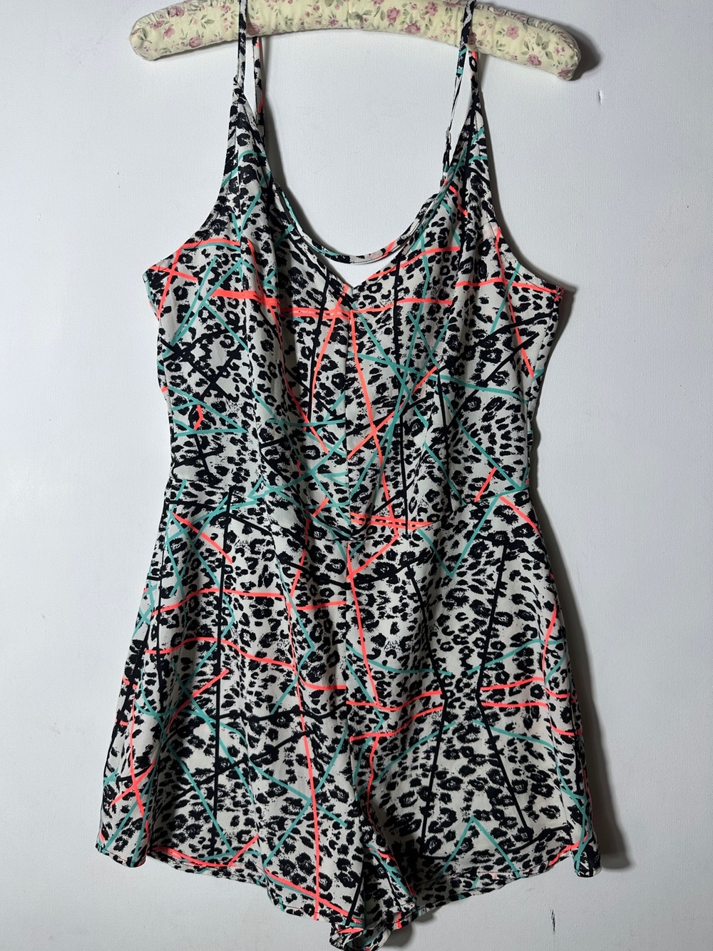 Lush Black White Leopard Print Romper with Coral & Teal Accents